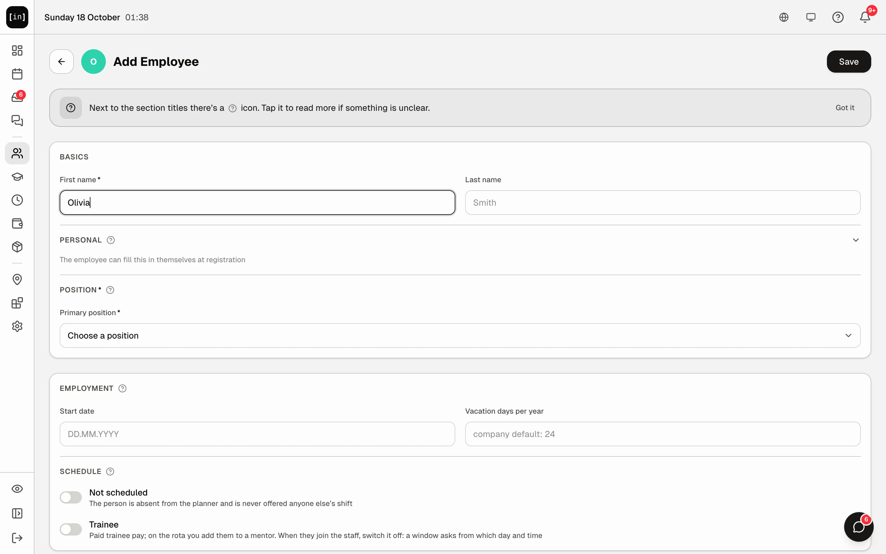 The “Add Employee” form: “Basics”, “Personal”, “Position”, “Employment”, “Schedule”