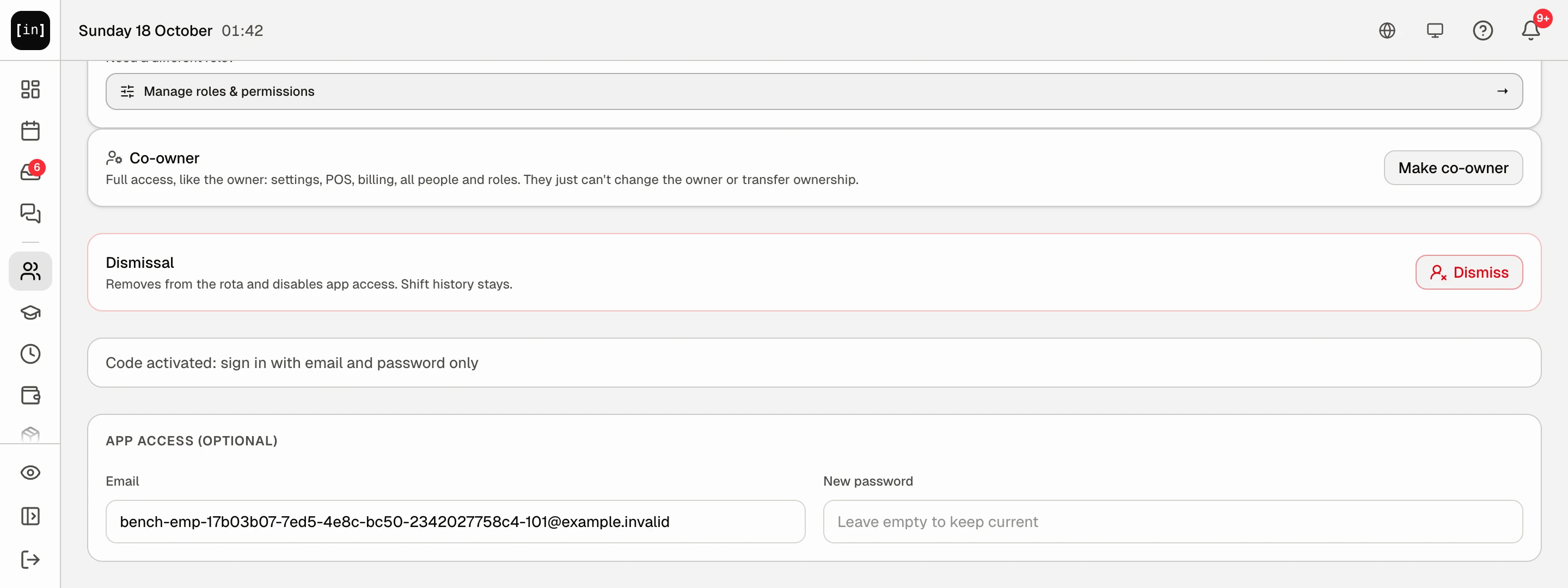 The bottom of the form: “Co-owner”, “Dismissal” and “App access” with email and new password