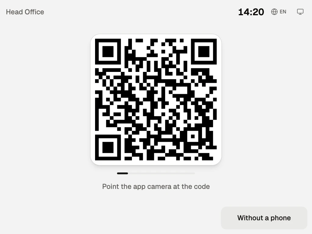 The terminal screen: the location name, a clock, the code to scan and the “Without a phone” button
