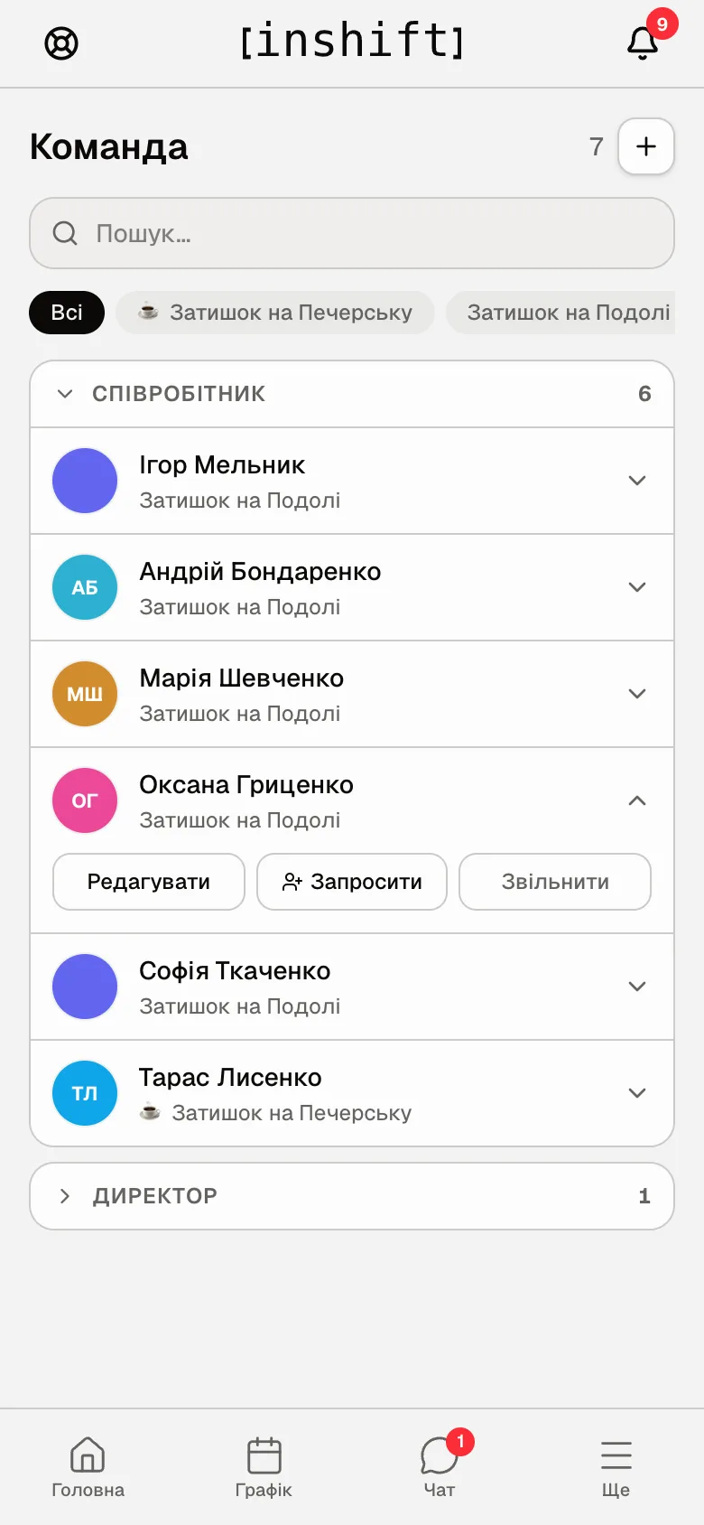 The “Team” screen in the app: an expanded person row with the “Edit”, “Invite”, “Dismiss” buttons