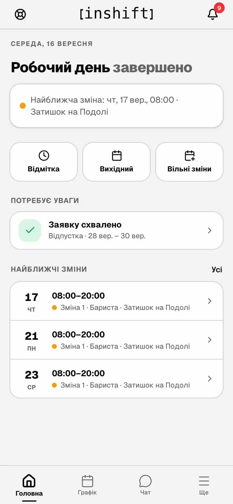 «Головна» з кнопкою «Відмітка»