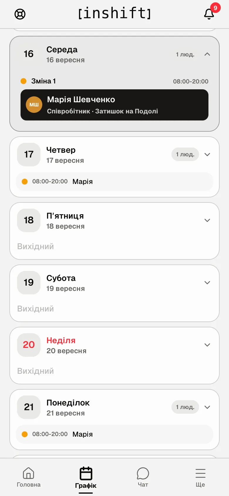 Вид «Таблиця»: місяць списком по днях