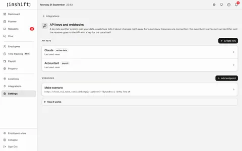“API keys and webhooks” in InShift: the keys “Claude” and “Accountant” with their permission tags, the webhook “Make scenario”, and the buttons “Create key” and “Add endpoint”