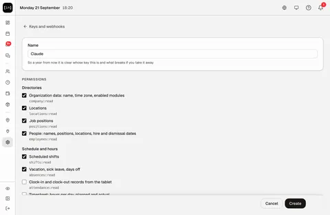 The new key form in InShift: the name “Claude” and the permissions ticked by group, “Directories” and “Schedule and hours”