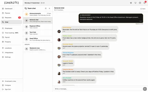 „Chat“ im InShift-Admin-Panel: allgemeiner Chat, Kanäle der Standorte und eine Gruppe