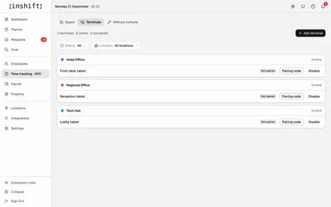 The “Terminals” tab in the InShift admin panel: tablets by location with their connection status and the “Pairing code” and “Disable” buttons