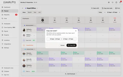Dialog „Copy week“ im InShift-Planer: Die Schichten der Vorwoche werden als Entwürfe übernommen, das Team sieht sie erst nach der Veröffentlichung