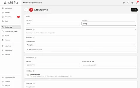 Formular „Add employee“ im InShift-Admin-Panel: Vorname, Nachname, Position Reception