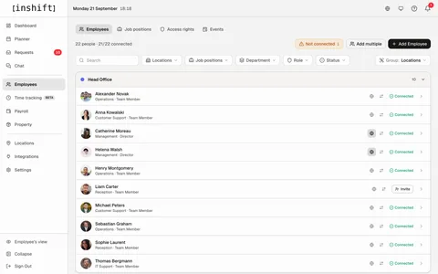 Personenliste des Standorts Head Office im InShift-Admin-Panel mit dem Verbindungsstatus der App
