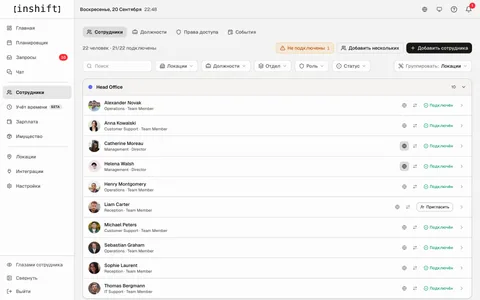Список сотрудников локации в админ-панели InShift со статусом подключения приложения