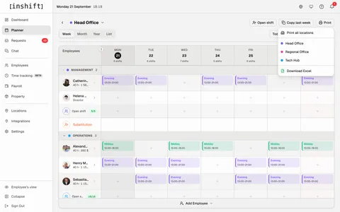 InShift-Planer: Wochenplan des Standorts Head Office mit geöffnetem Menü „Print“ und dem Eintrag „Download Excel“
