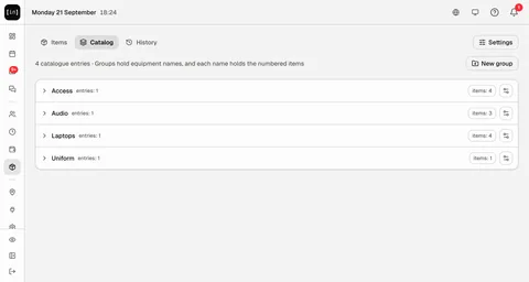 The “Catalog” tab of “Property” in InShift: the groups Access, Audio, Laptops and Uniform with their entries and item counts