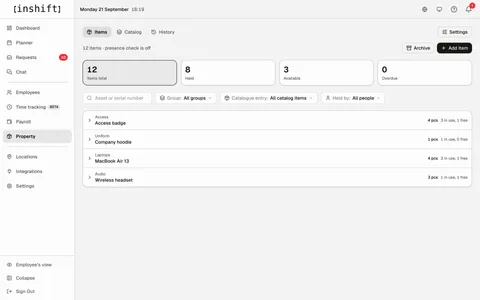 „Property“ im InShift-Admin-Panel: Verzeichnis der Arbeitsmittel nach Gruppen und wer was hat