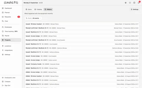 The “History” tab of “Property” in InShift: a feed of “Issued”, “Receipt confirmed” and “Added” events with names