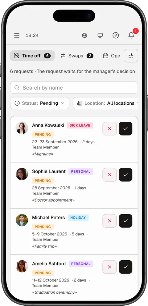 InShift-Admin-Panel auf einem iPhone: offene Urlaubsanträge mit Freigabe und Ablehnung