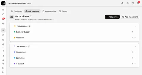 Reiter „Job positions“ in InShift: Positionen nach Abteilungen gruppiert, die Zahl der Personen je Position und die Schaltflächen „Add position“ und „Add department“