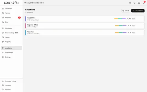 The “Locations” page in InShift: three locations with their addresses, the number of people and shift types on each, and the “Group” and “Add Location” buttons