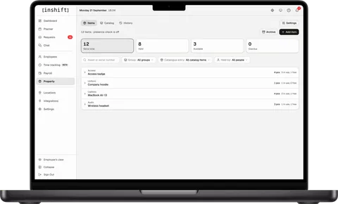 “Property” in the InShift admin panel on a laptop: items by group with the “Held” and “Available” counters