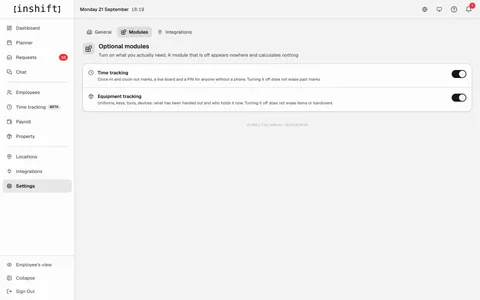 The “Modules” tab in the InShift admin panel settings: the “Time tracking” and “Equipment tracking” cards with switches