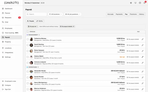 The “Pay” tab of “Payroll” in InShift: people grouped by department with their pay term, a monthly salary, an hourly rate or a shift price fallback, and the date each applies from