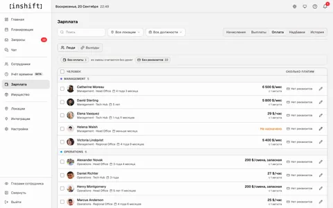 Вкладка «Оплата» в InShift: список людей по отделам с условиями оплаты каждого: за месяц, за час, за смену