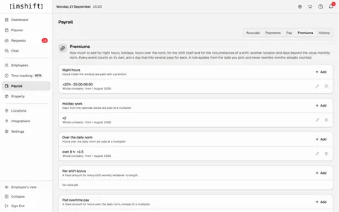 The “Premiums” tab of “Payroll” in InShift: rules for night hours, holiday work and hours over the daily norm, each with its amount and start date