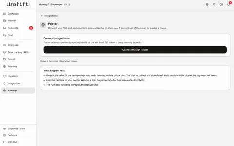 The Poster screen in InShift “Integrations”: the “Connect through Poster” button and the “What happens next” list