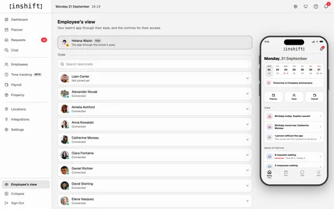 „Employee’s view“ im InShift-Admin-Panel: Teamliste und die App aus Sicht einer Person