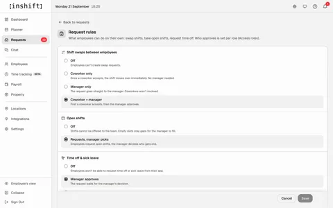 „Request rules“ in InShift: Schichttausch auf „Coworker + manager“, offene Schichten auf „Requests, manager picks“, Urlaub und Krankheit auf „Manager approves“