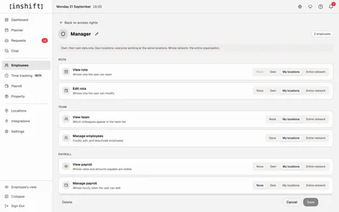 Rolleneditor in InShift für die Rolle „Manager“: „View rota“, „Edit rota“, „View team“, „Manage employees“, „View payroll“ und „Manage payroll“, je mit „None“, „Own“, „My locations“ oder „Entire network“