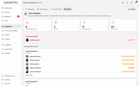 The “Events” tab in the InShift admin panel: team holidays, birthdays and upcoming events
