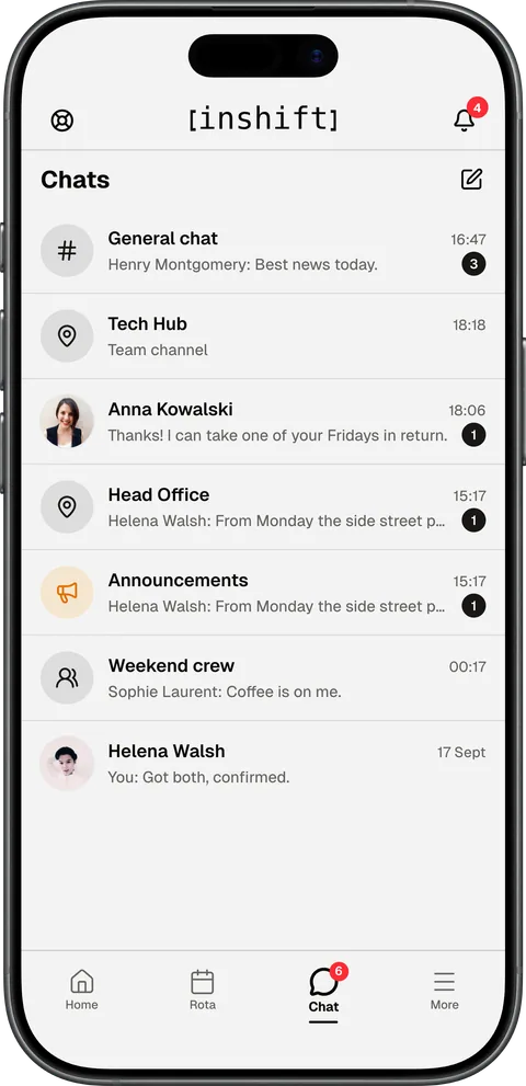 The “Chats” screen in the InShift app: “General chat”, location channels “Tech Hub” and “Head Office”, “Announcements”, a “Weekend crew” group and direct messages