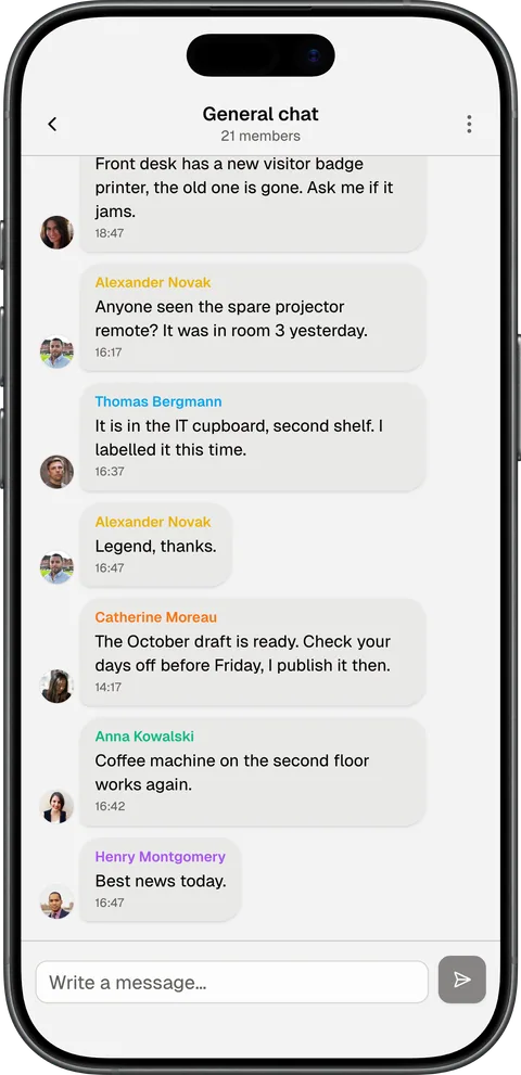 “General chat” with 21 members in the InShift app: messages about a visitor badge printer, a spare projector and the October draft being ready