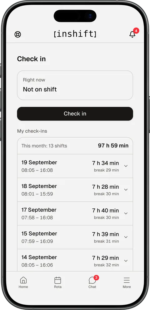 The “Check in” screen in the InShift app on an iPhone: the “Check in” button and the “My check-ins” list for the month