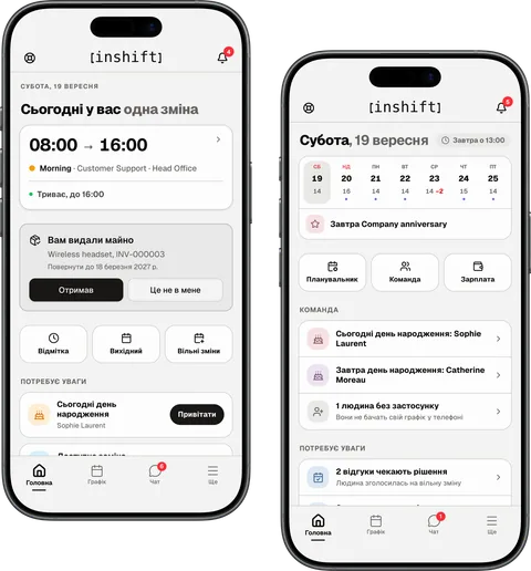Застосунок InShift на двох iPhone: головна співробітника зі зміною, що триває, і головна керівника з тижнем команди