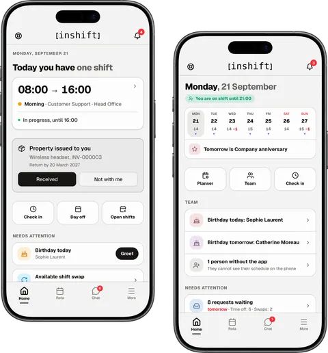 The InShift app on two iPhones: an employee’s home screen with the shift in progress and a manager’s home screen with the team’s week