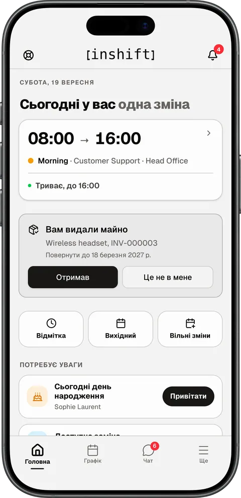 Головний екран застосунку InShift на iPhone: сьогоднішня зміна, плитки «Відмітка», «Вихідний», «Вільні зміни»