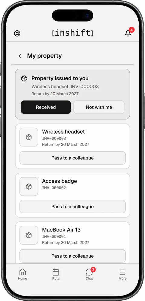 The “My property” screen in the InShift app on an iPhone: the items in the person’s name and the “Pass to a colleague” button
