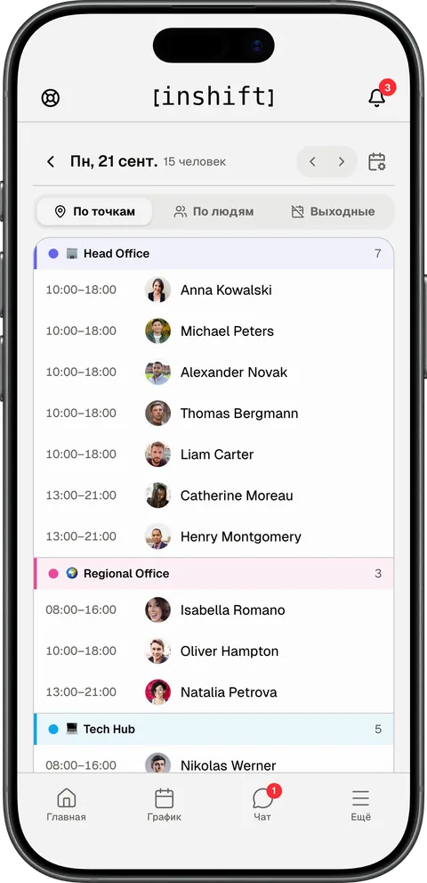 Приложение InShift на iPhone: день менеджера «По точкам» с локациями и людьми на каждой