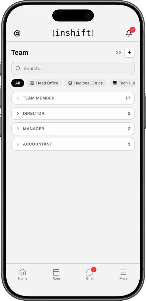 The “Team” screen in the InShift app: 22 people, search, filter by location, groups by role