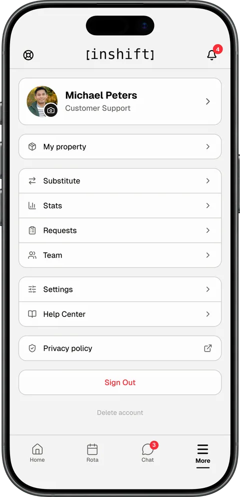 The “More” menu in the InShift app: “My property”, “Substitute”, “Stats”, “Requests”, “Team”, “Settings”, “Help Center”, privacy policy and sign out