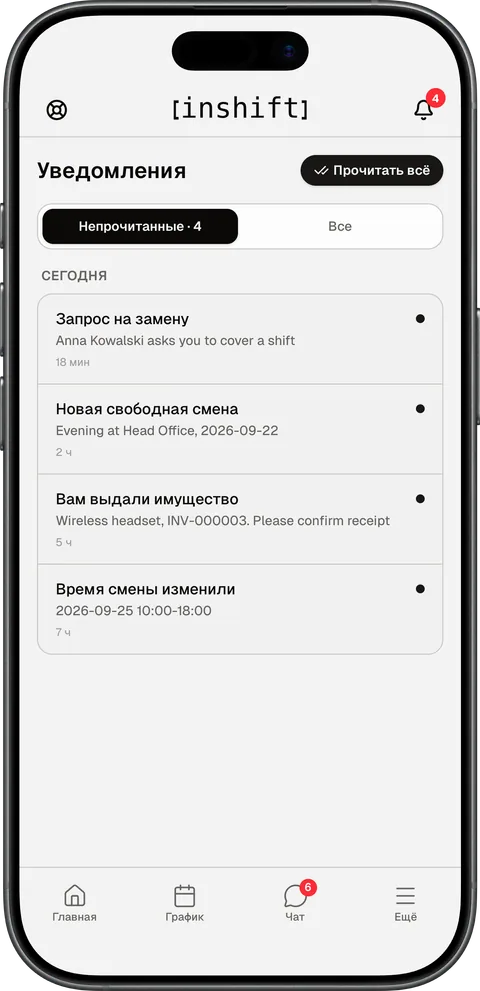 Экран «Уведомления» в приложении InShift: запрос на замену, новая свободная смена, выданное имущество, изменённое время смены