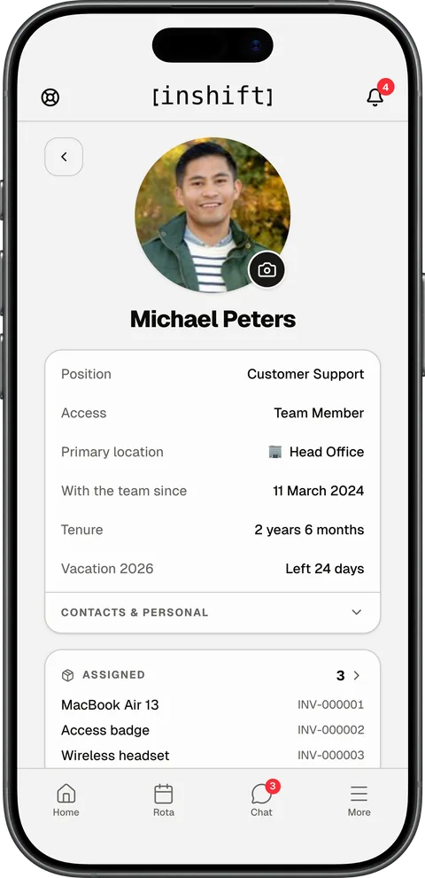 The profile of Michael Peters in the InShift app: position, access, primary location, with the team since March 2024, tenure, “Vacation 2026” days left and three items of property assigned