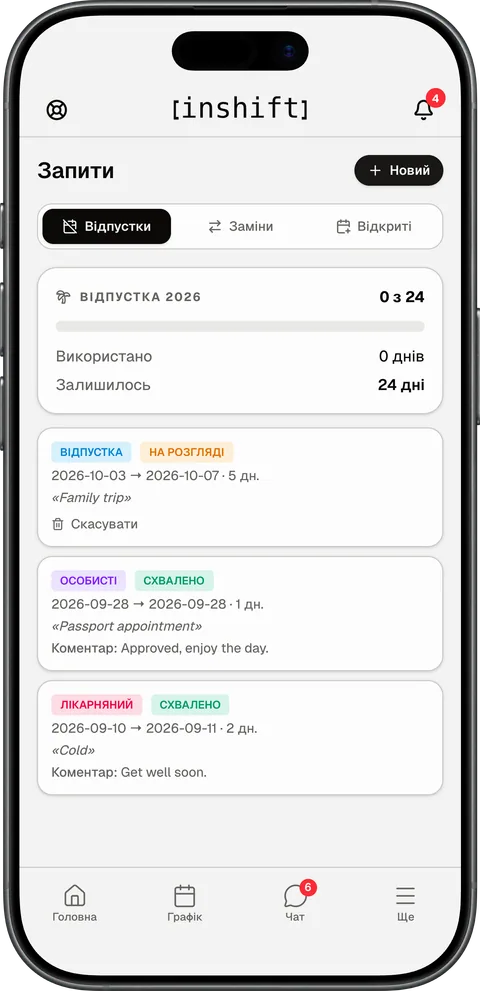 Екран «Запити» в застосунку InShift: залишок відпустки на рік і запити зі статусами «На розгляді» та «Схвалено»