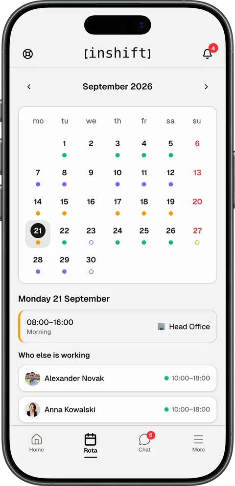 Tab „Rota“ in der InShift-App auf dem iPhone: Monatskalender mit Schichten und Tagesliste