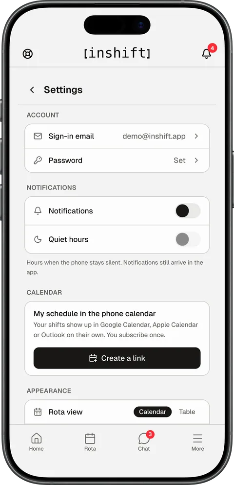 The “Settings” screen in the InShift app: sign-in email and password, “Notifications” and “Quiet hours” toggles, “My schedule in the phone calendar” with “Create a link”, and the rota view