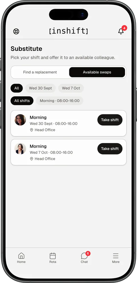 The “Substitute” screen in the InShift app, tab “Available swaps”: two “Morning” shifts at Head Office offered by colleagues, each with a “Take shift” button