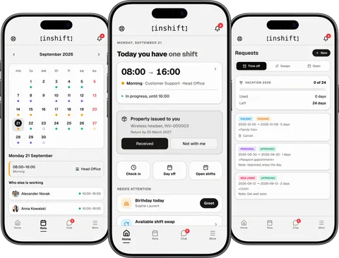 InShift-App auf drei iPhones: Dienstplan-Kalender, Startseite mit der laufenden Schicht und Urlaubsanträge