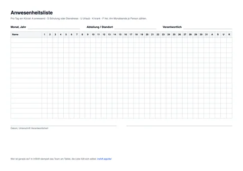 Anwesenheitsliste für den Monat als PDF im Querformat: Spalte Name, Tage 1 bis 31, Summen A, S, U und K, Kürzel in der Kopfzeile erklärt