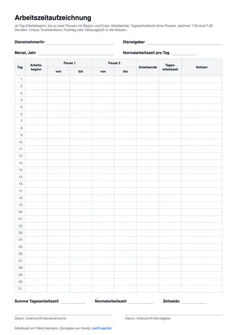 Arbeitszeitaufzeichnung als PDF: Dienstnehmer/in, Dienstgeber, Monat und Normalarbeitszeit, Tabelle mit den Tagen 1 bis 31, Arbeitsbeginn, Pause 1 und Pause 2 je von und bis, Arbeitsende, Tagesarbeitszeit und Notizen